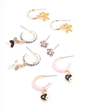 Gold Pink Enamel Charm Earrings 4-Pack