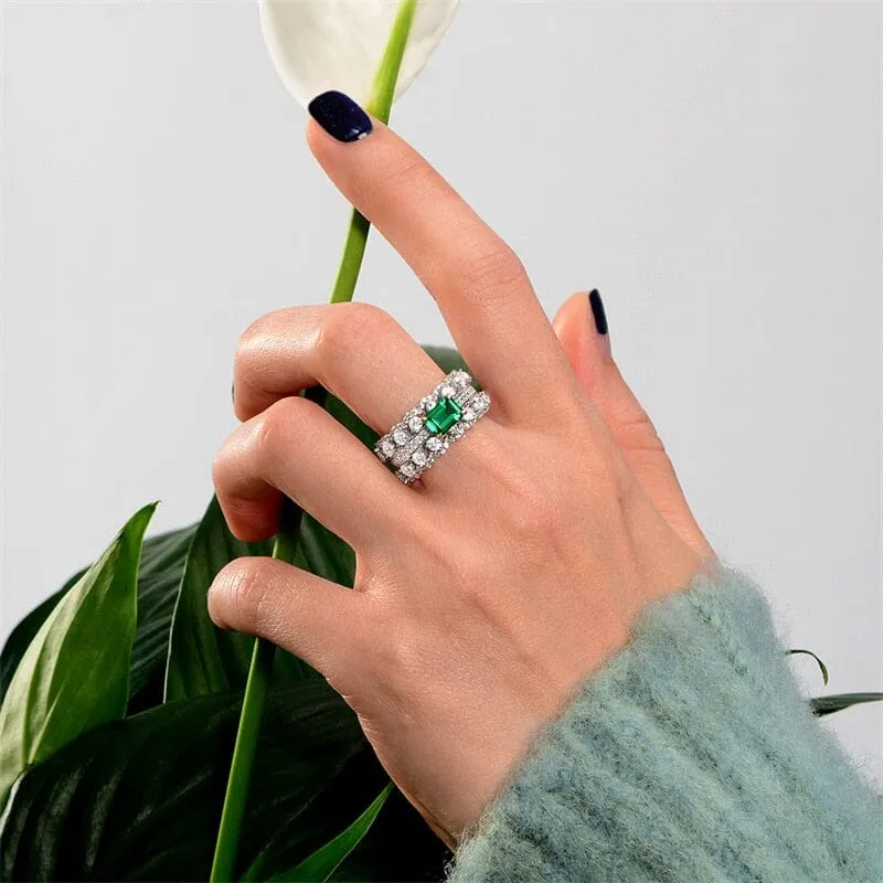 Green Cubic Emerald Silver Ring