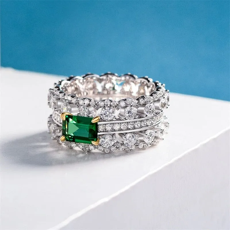 Green Cubic Emerald Silver Ring