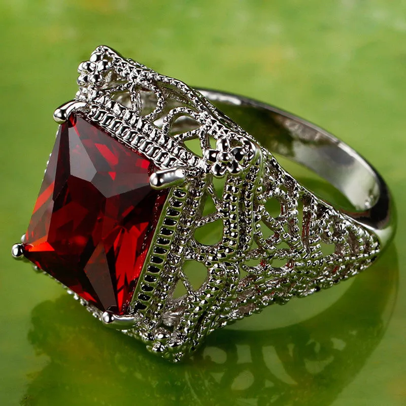 Hot Sales Fashion Wedding Jewelry Emerald Cut Red Garnet Silver Ring Women Party Gift Rings