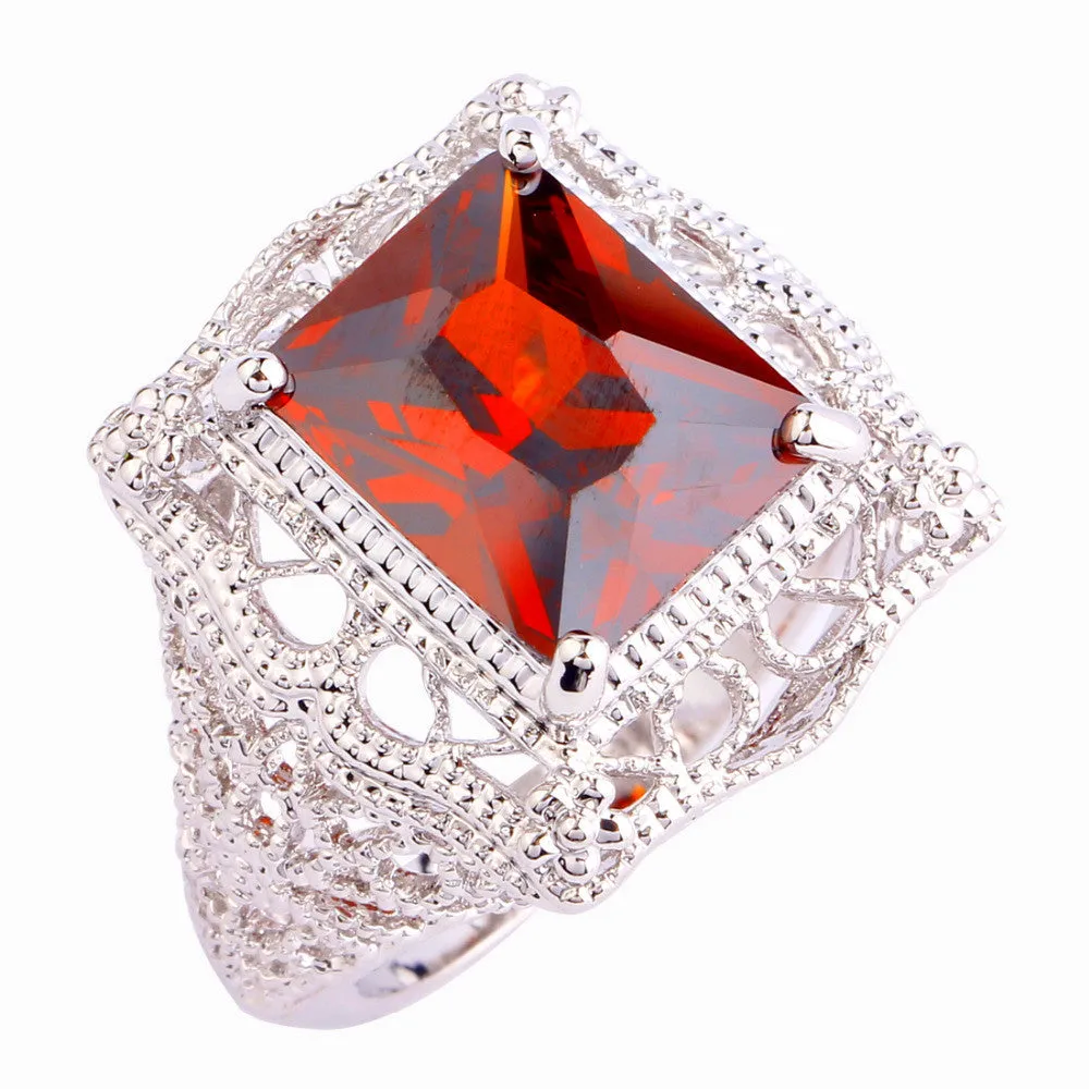 Hot Sales Fashion Wedding Jewelry Emerald Cut Red Garnet Silver Ring Women Party Gift Rings