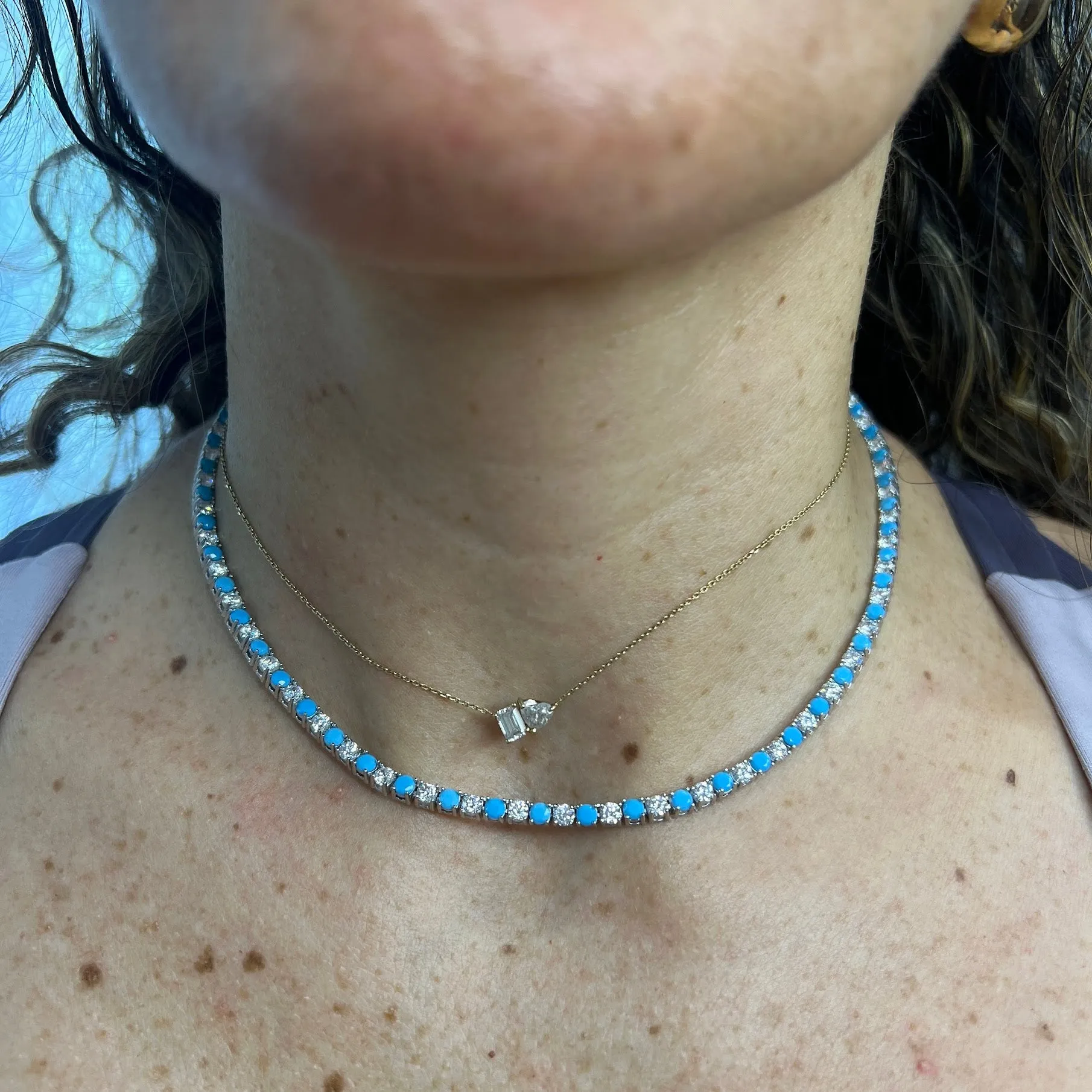 Ibiza Diamond CZ's and Turquoise 4 Prong Tennis Necklace