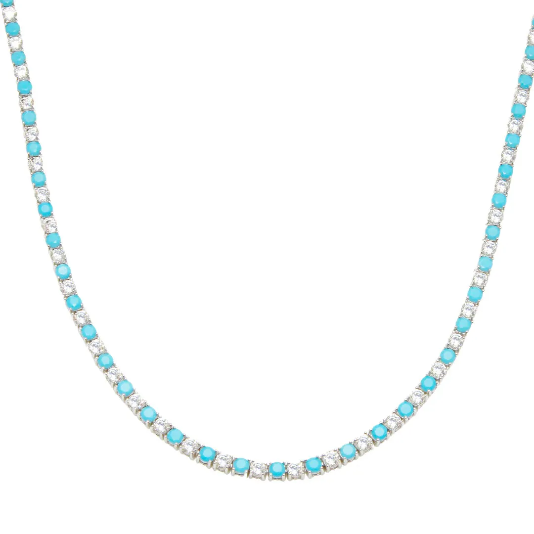 Ibiza Diamond CZ's and Turquoise 4 Prong Tennis Necklace