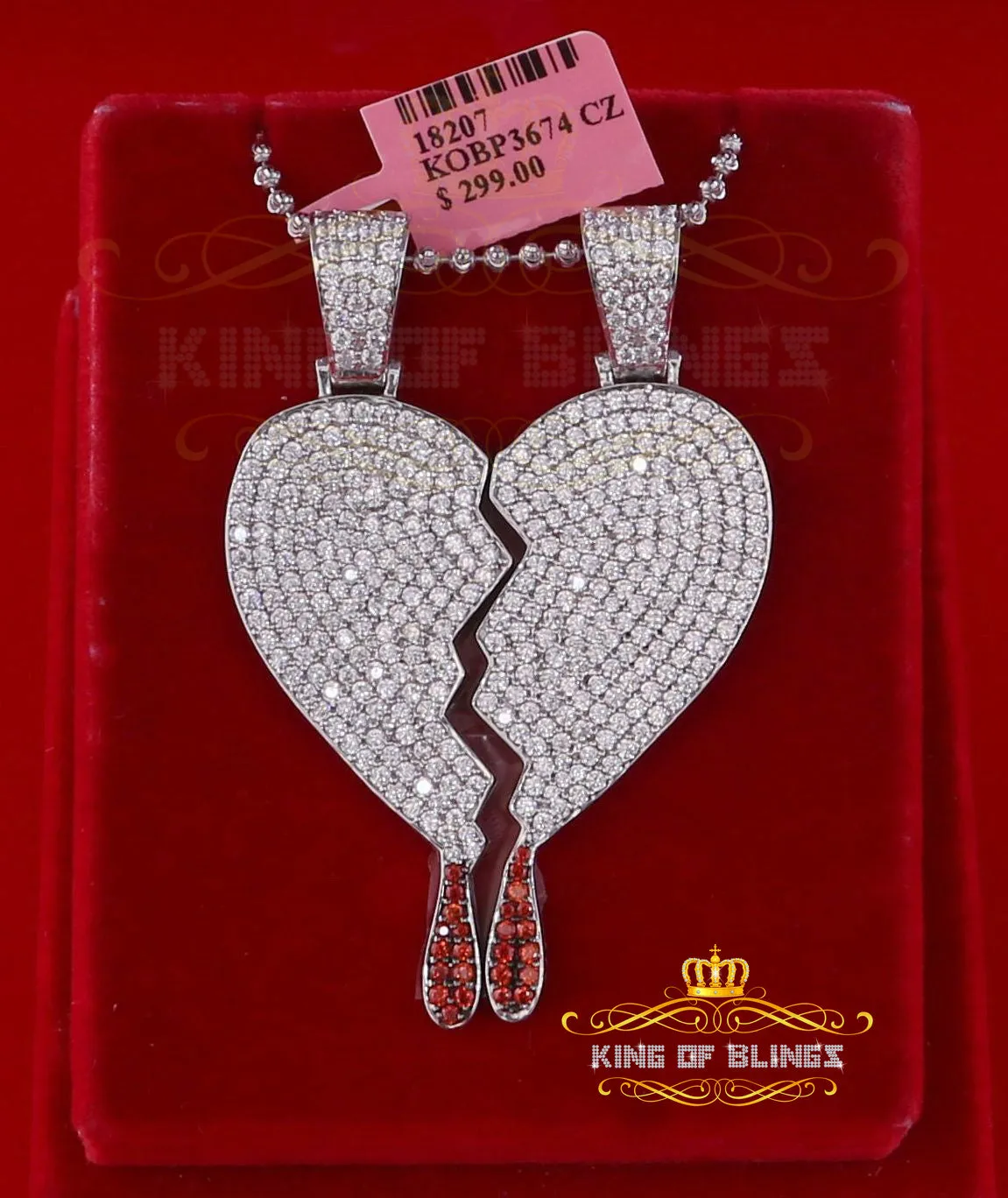 King Of Bling's White 925 Sterling Silver Broken Heart Shape Size Pendant 10.41ct Cubic Zirconia