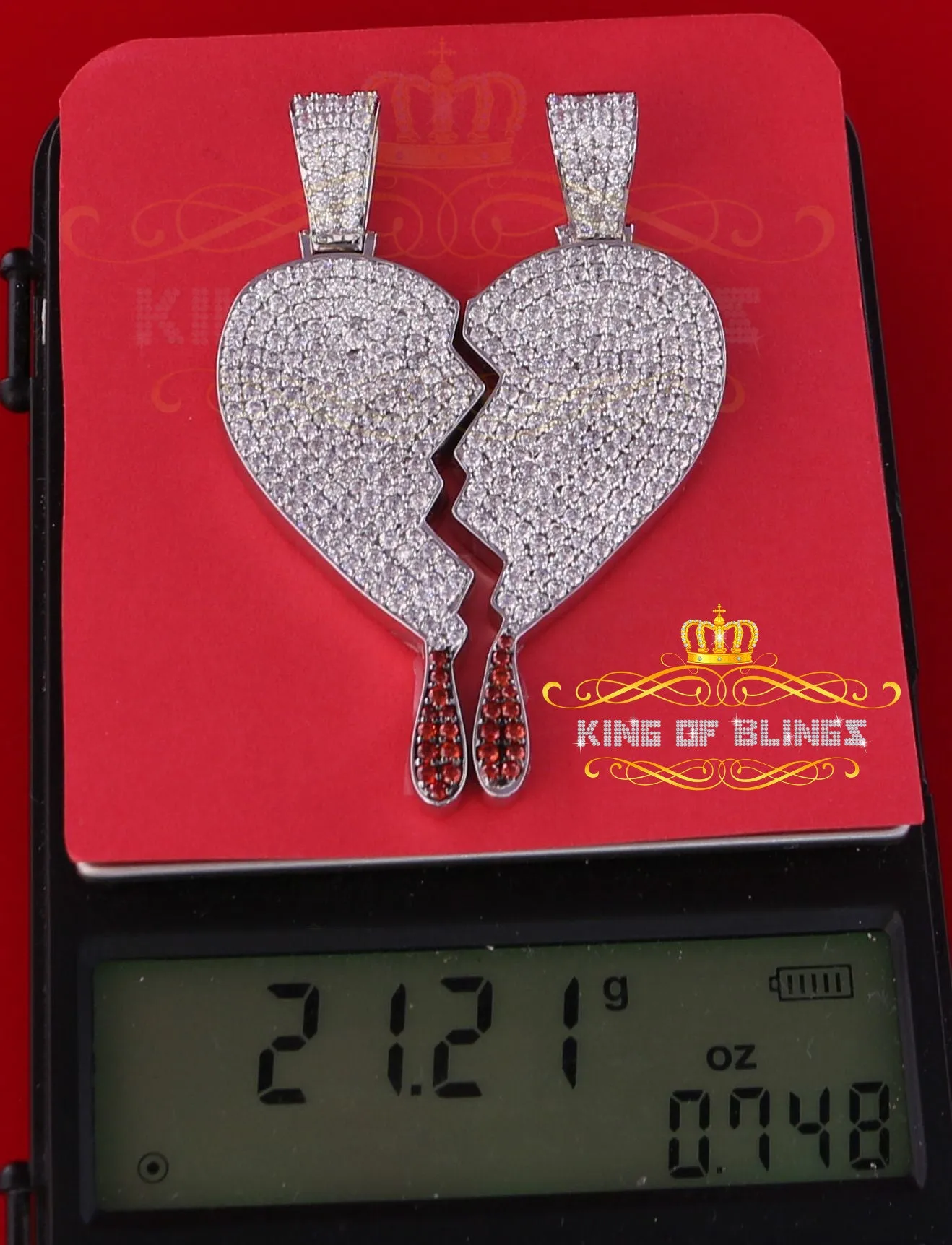 King Of Bling's White 925 Sterling Silver Broken Heart Shape Size Pendant 10.41ct Cubic Zirconia