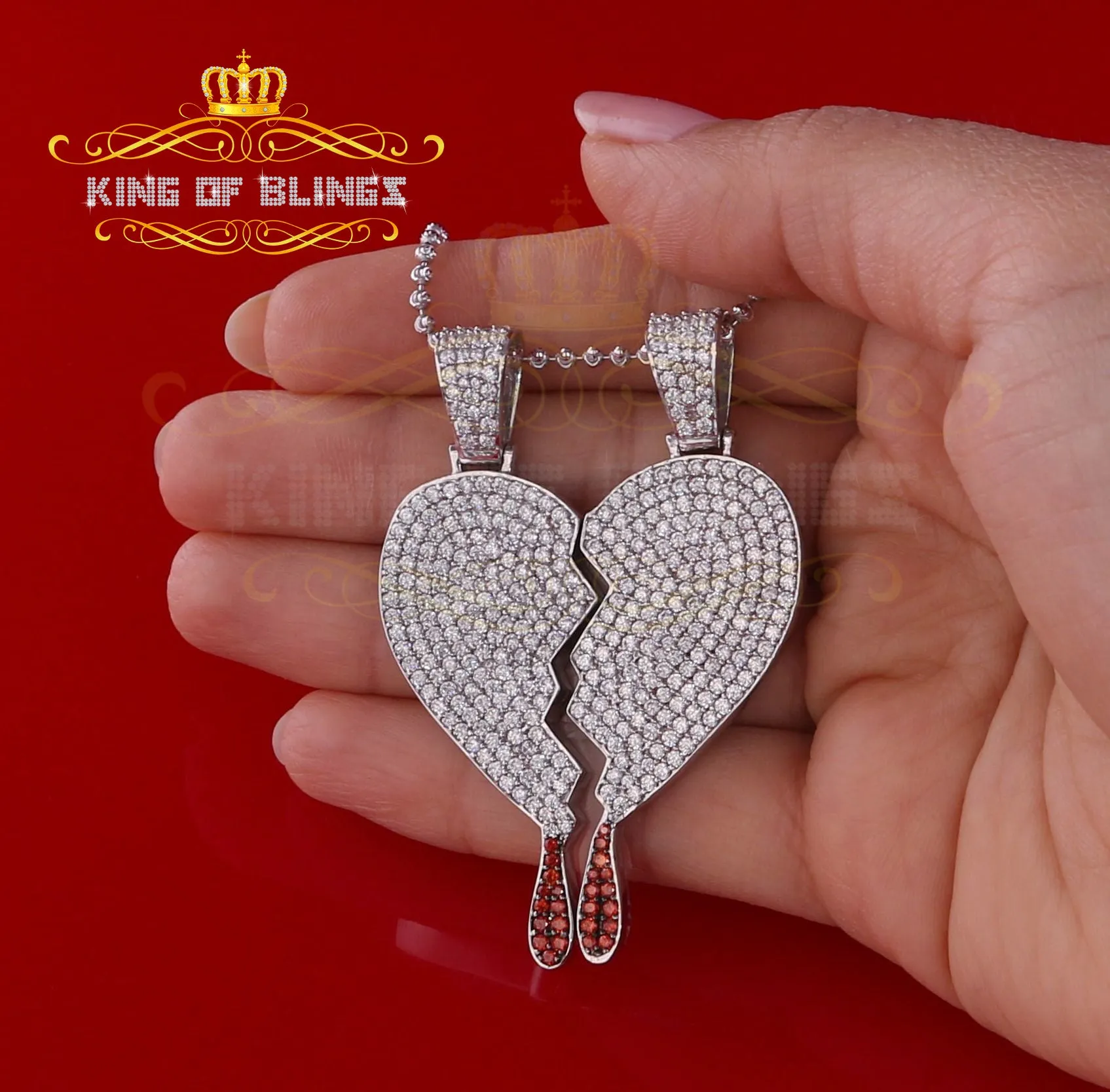 King Of Bling's White 925 Sterling Silver Broken Heart Shape Size Pendant 10.41ct Cubic Zirconia