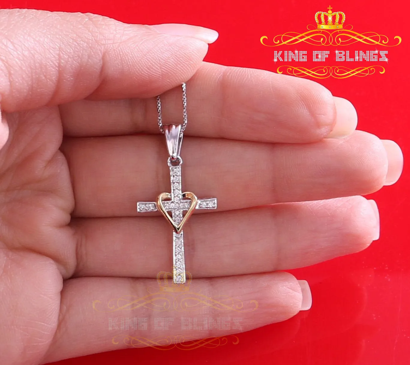 King Of Bling's White 925 Sterling Silver Cross with Heart Pendant with 0.22ct Cubic Zirconia