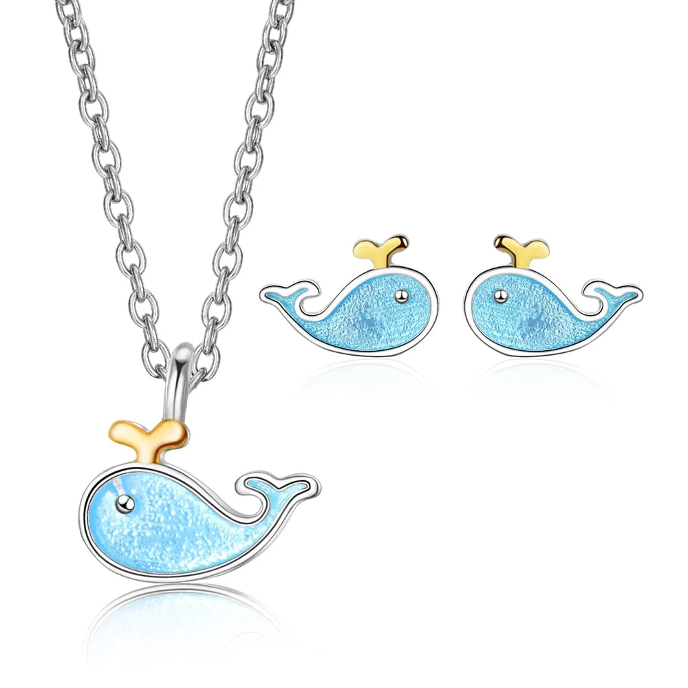 Korean Jewelry Blue Cute Whale Jewelry Set for Her in 925 Sterling Silver