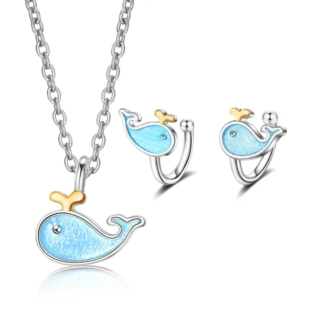 Korean Jewelry Blue Cute Whale Jewelry Set for Her in 925 Sterling Silver