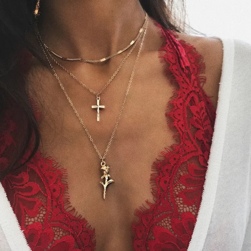 Ladies rose flower cross pendant necklace