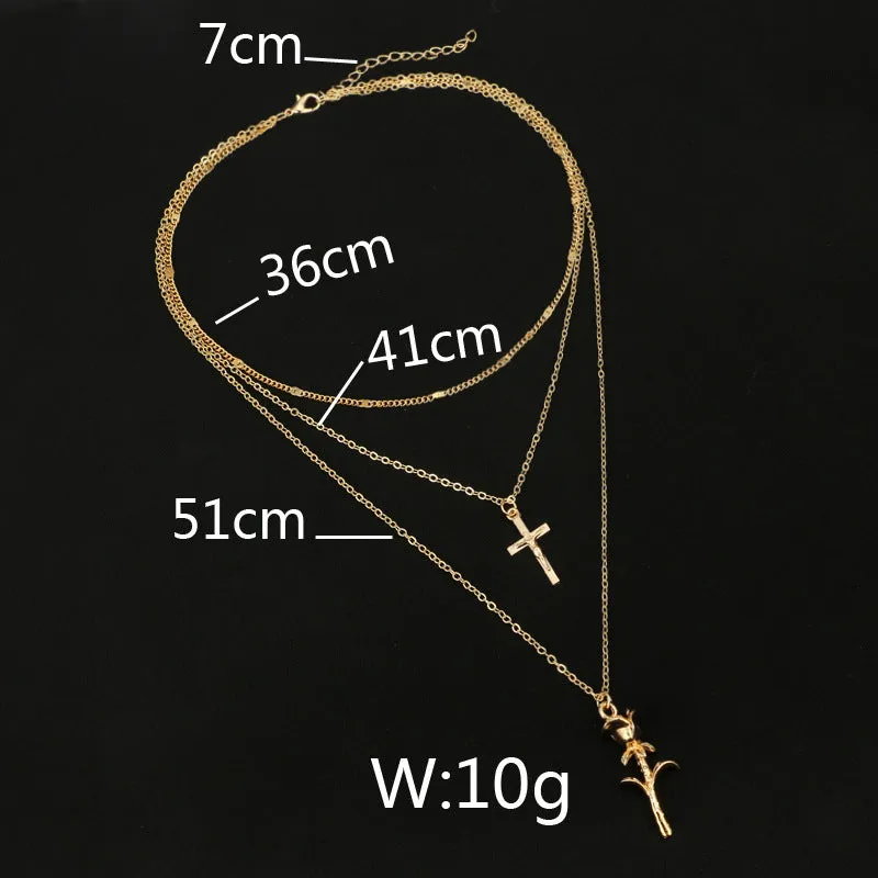 Ladies rose flower cross pendant necklace