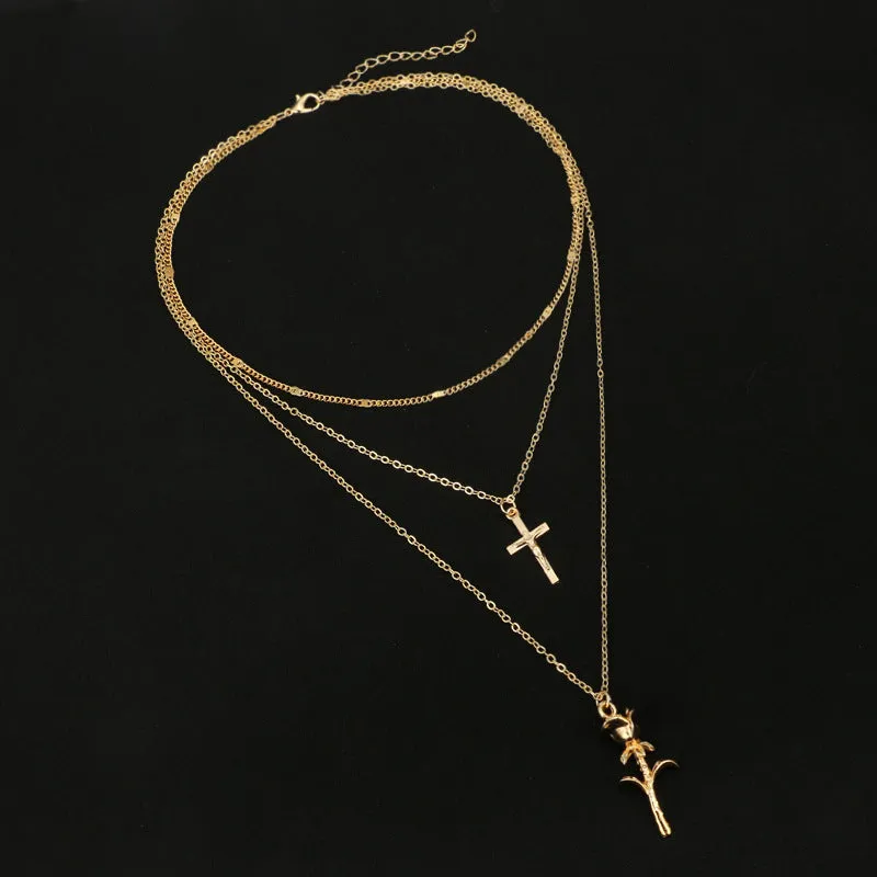 Ladies rose flower cross pendant necklace