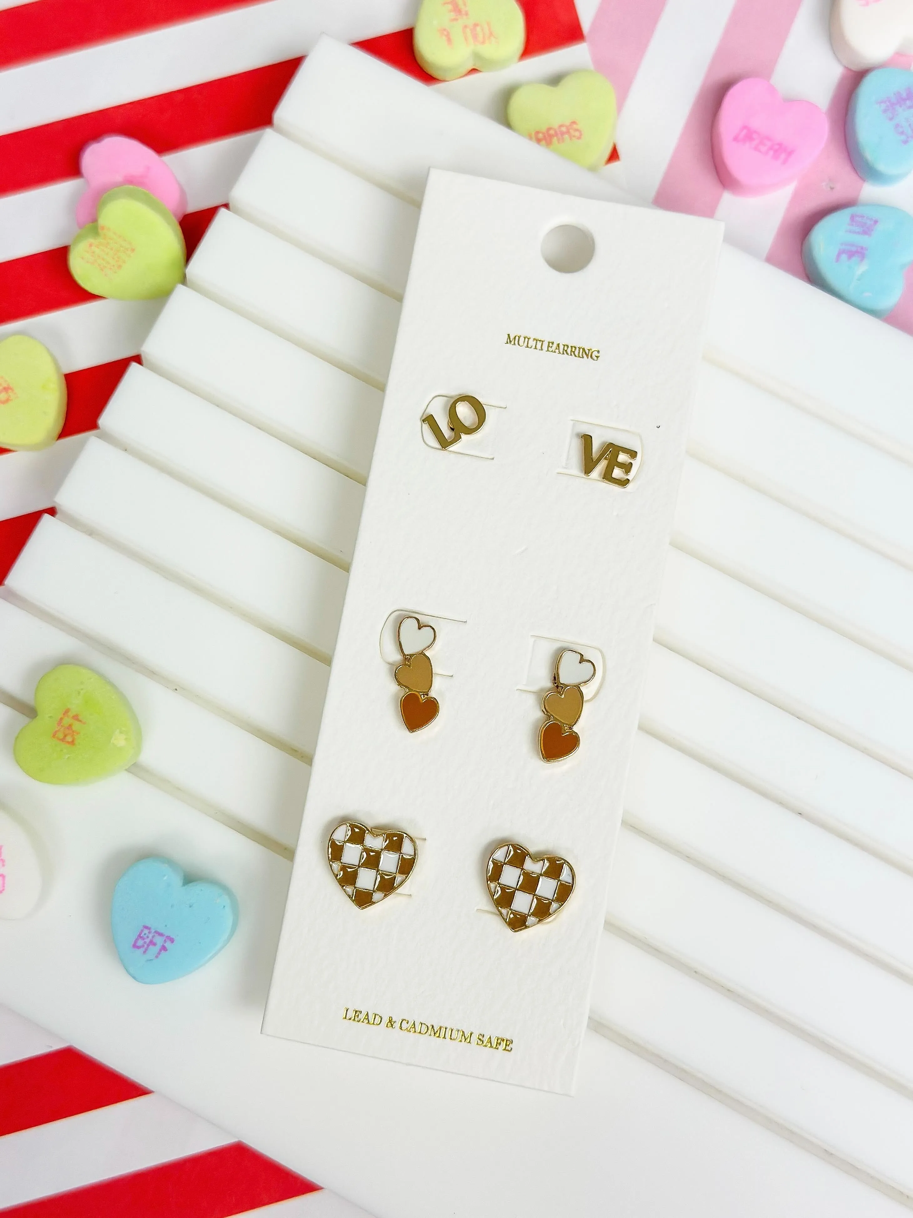 'LOVE' Heart Trio Earring Pack - Taupe