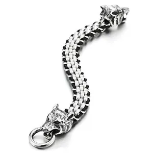 Men Stainless Steel Vintage Wolf Head Link Chain Black Leather Interwovened Bracelet