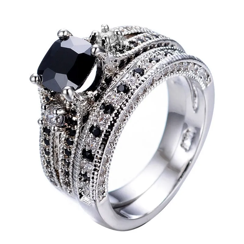 Men's Gorgeous Black Crystal Ring Set Promise Engagement Rings For Women Fashion 10KT White Gold Filled Jewelry