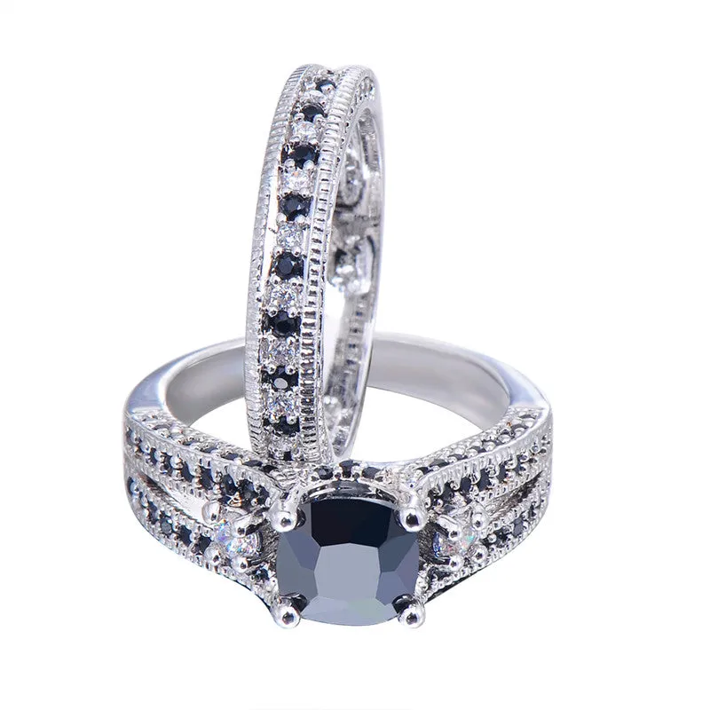 Men's Gorgeous Black Crystal Ring Set Promise Engagement Rings For Women Fashion 10KT White Gold Filled Jewelry