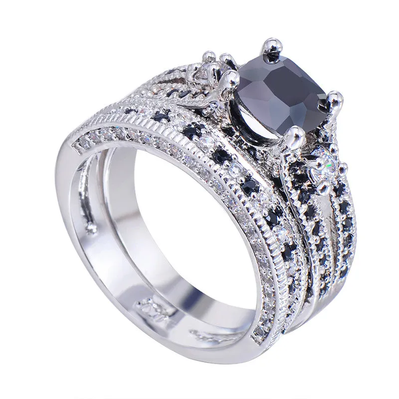 Men's Gorgeous Black Crystal Ring Set Promise Engagement Rings For Women Fashion 10KT White Gold Filled Jewelry