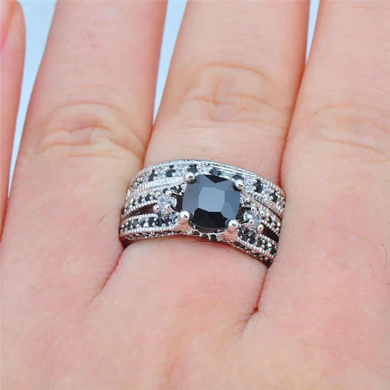 Men's Gorgeous Black Crystal Ring Set Promise Engagement Rings For Women Fashion 10KT White Gold Filled Jewelry