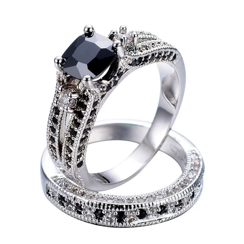 Men's Gorgeous Black Crystal Ring Set Promise Engagement Rings For Women Fashion 10KT White Gold Filled Jewelry