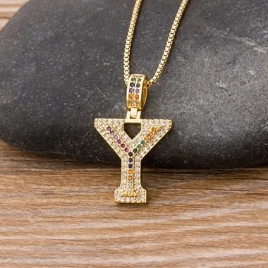 Micro Pave Rainbow Pendant Necklace with Initial A-Z Zircon in Gold Color