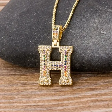 Micro Pave Rainbow Pendant Necklace with Initial A-Z Zircon in Gold Color