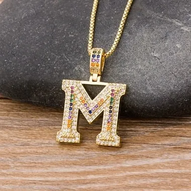 Micro Pave Rainbow Pendant Necklace with Initial A-Z Zircon in Gold Color