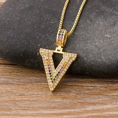 Micro Pave Rainbow Pendant Necklace with Initial A-Z Zircon in Gold Color