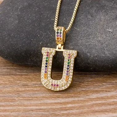 Micro Pave Rainbow Pendant Necklace with Initial A-Z Zircon in Gold Color