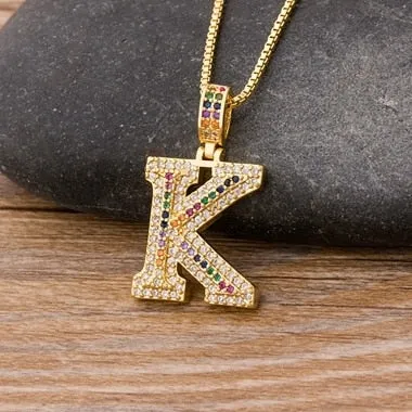 Micro Pave Rainbow Pendant Necklace with Initial A-Z Zircon in Gold Color