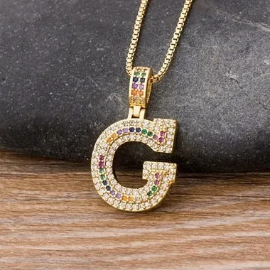 Micro Pave Rainbow Pendant Necklace with Initial A-Z Zircon in Gold Color