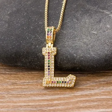 Micro Pave Rainbow Pendant Necklace with Initial A-Z Zircon in Gold Color