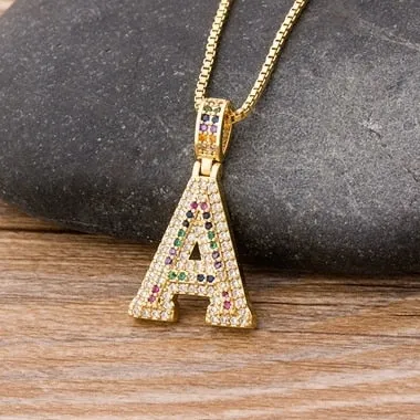 Micro Pave Rainbow Pendant Necklace with Initial A-Z Zircon in Gold Color