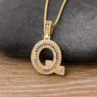 Micro Pave Rainbow Pendant Necklace with Initial A-Z Zircon in Gold Color