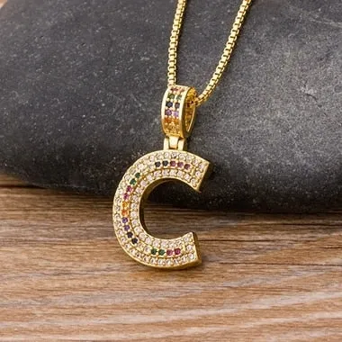 Micro Pave Rainbow Pendant Necklace with Initial A-Z Zircon in Gold Color