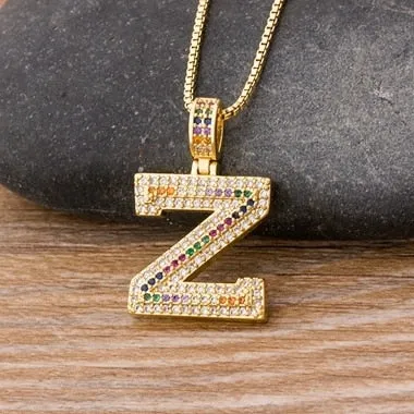 Micro Pave Rainbow Pendant Necklace with Initial A-Z Zircon in Gold Color