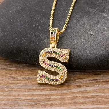 Micro Pave Rainbow Pendant Necklace with Initial A-Z Zircon in Gold Color