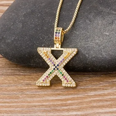 Micro Pave Rainbow Pendant Necklace with Initial A-Z Zircon in Gold Color