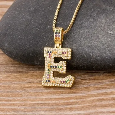 Micro Pave Rainbow Pendant Necklace with Initial A-Z Zircon in Gold Color