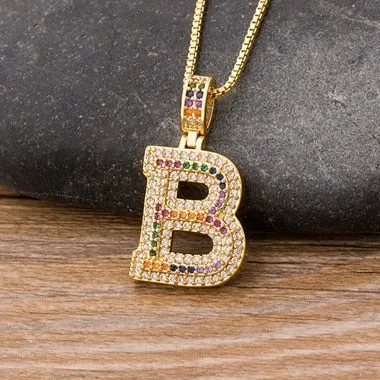 Micro Pave Rainbow Pendant Necklace with Initial A-Z Zircon in Gold Color