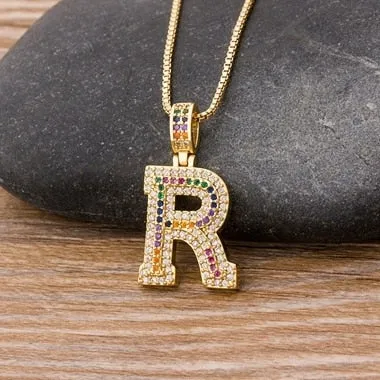 Micro Pave Rainbow Pendant Necklace with Initial A-Z Zircon in Gold Color