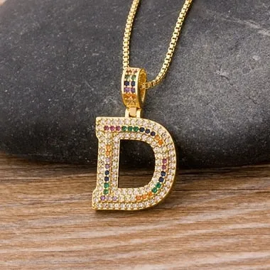 Micro Pave Rainbow Pendant Necklace with Initial A-Z Zircon in Gold Color