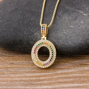 Micro Pave Rainbow Pendant Necklace with Initial A-Z Zircon in Gold Color