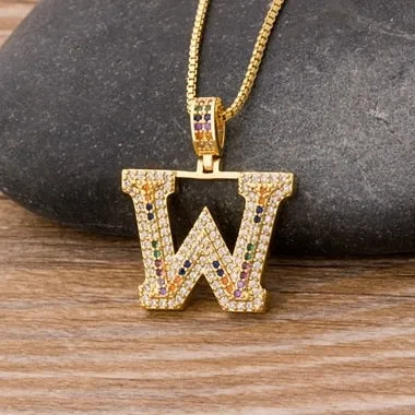 Micro Pave Rainbow Pendant Necklace with Initial A-Z Zircon in Gold Color