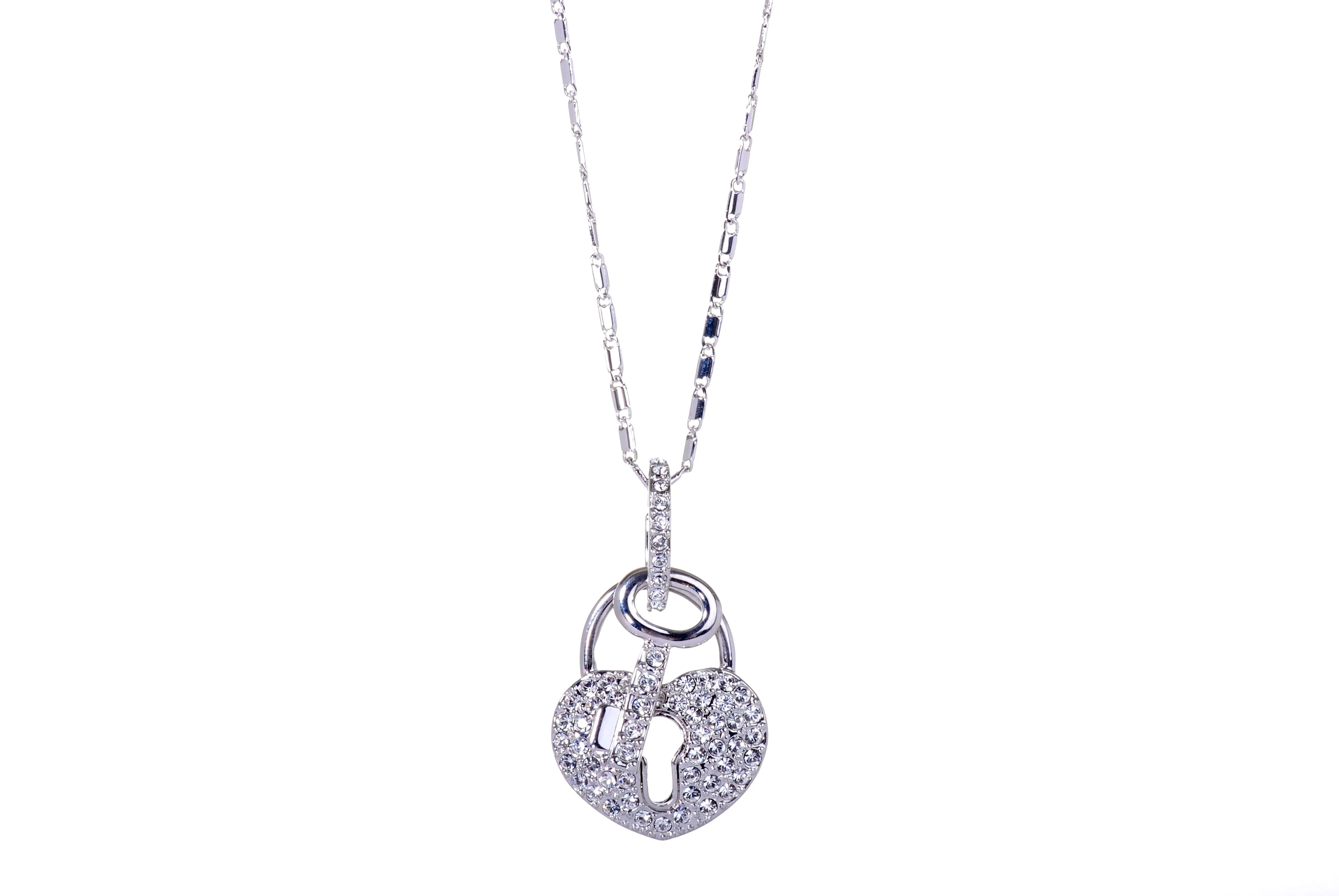 N7206 Delicate Heart Lock & Key Rhodium Plated Pave Swarovski Crystal Pendant Necklace