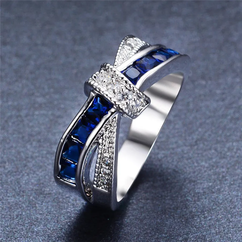 New Fashion Blue Female Ring White Gold Filled Jewelry Crossed Wedding Rings Engagement Rings For Women