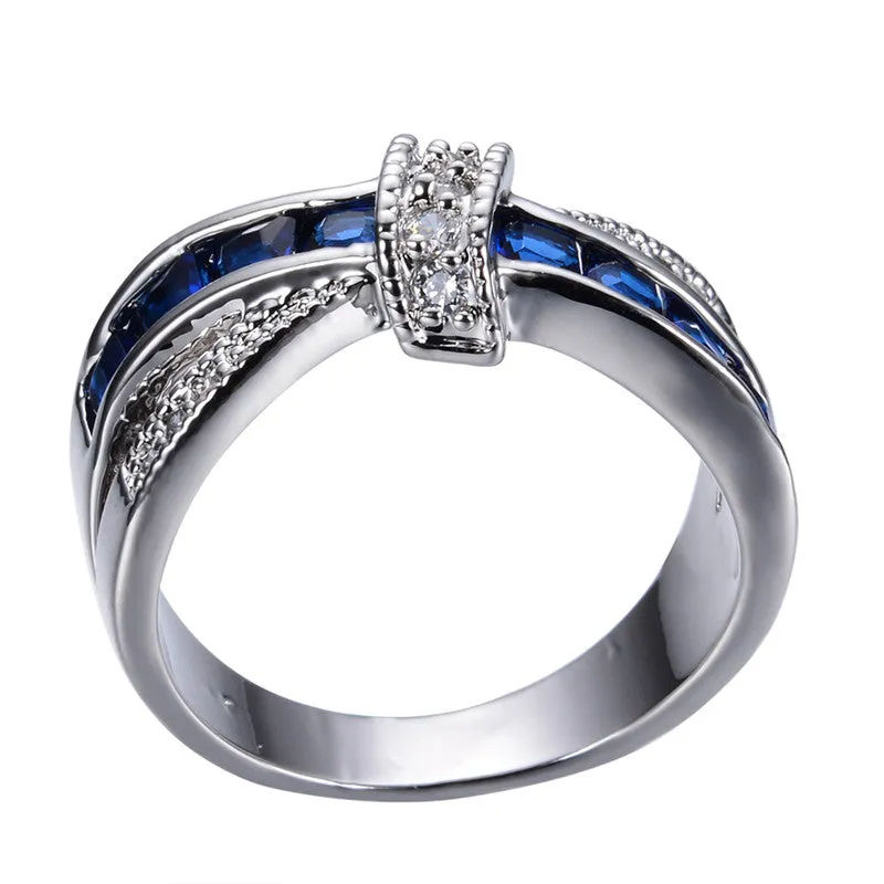 New Fashion Blue Female Ring White Gold Filled Jewelry Crossed Wedding Rings Engagement Rings For Women