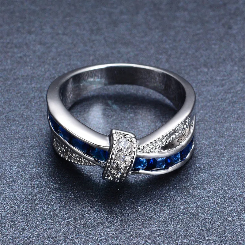 New Fashion Blue Female Ring White Gold Filled Jewelry Crossed Wedding Rings Engagement Rings For Women