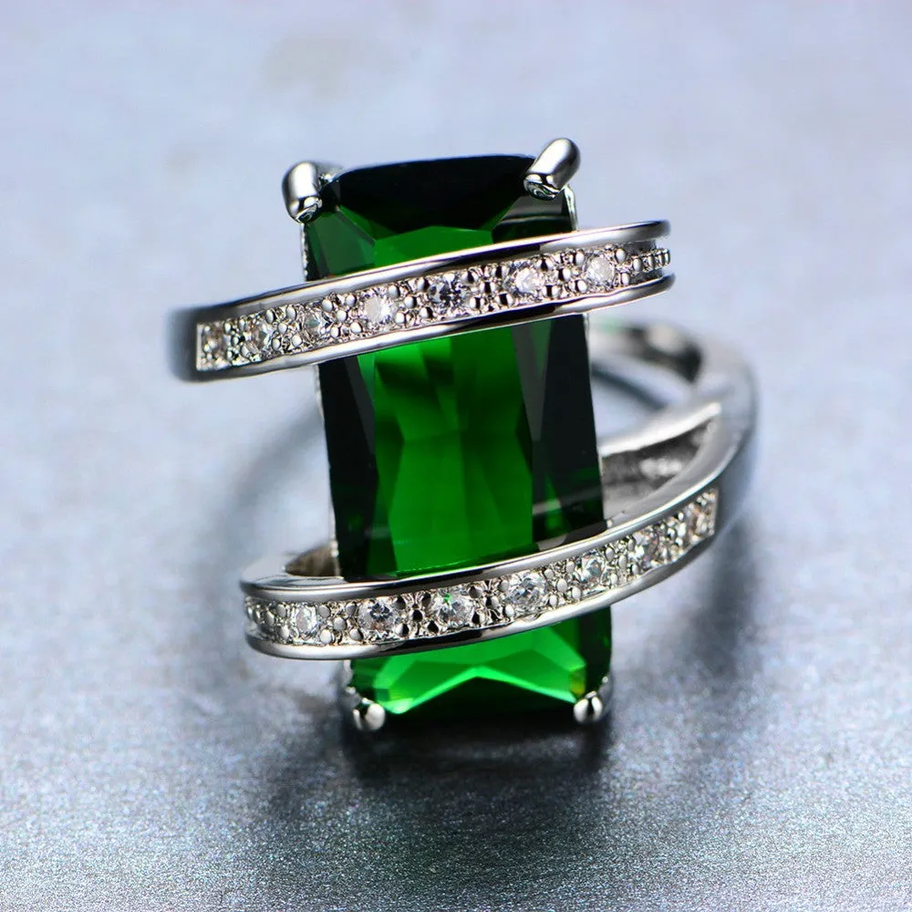 New Fashion Men Women Green Geometric Ring White Gold Filled Jewelry Vintage Wedding Rings For Men And Women