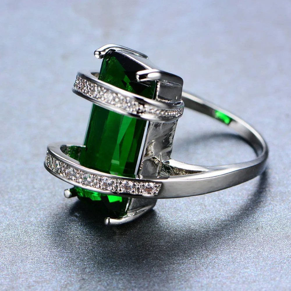 New Fashion Men Women Green Geometric Ring White Gold Filled Jewelry Vintage Wedding Rings For Men And Women