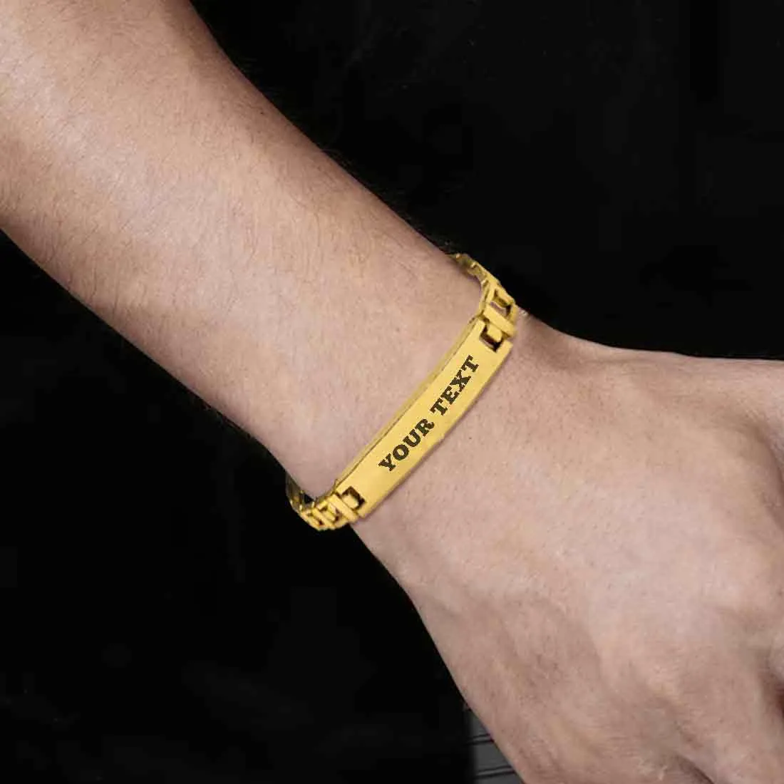 Personalised Rakhi For Brother: Custom Stylish Metal Bracelet Rakhi -Black Rhodium/Gold Plated With Customized Text